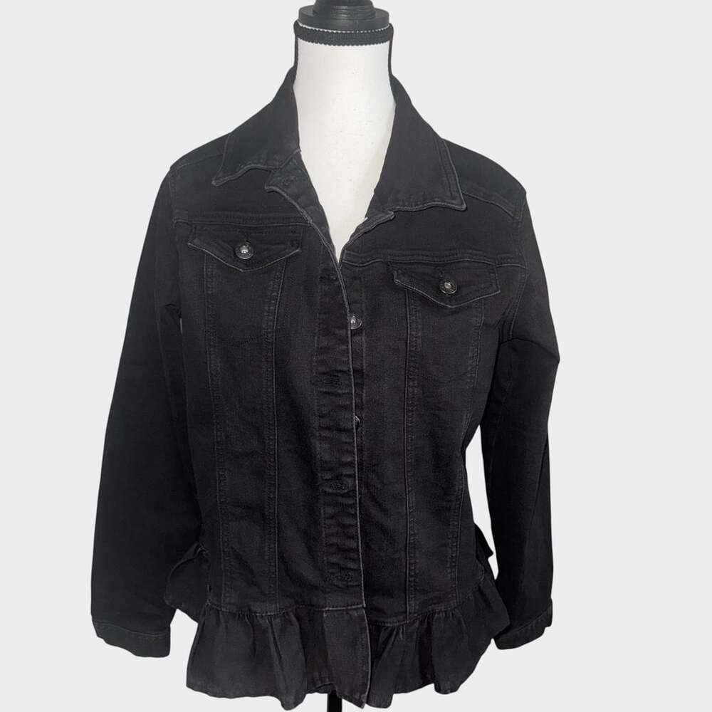 DG2 by Diane Gilman Black Denim Jacket Peplum Ruffle Hem medium